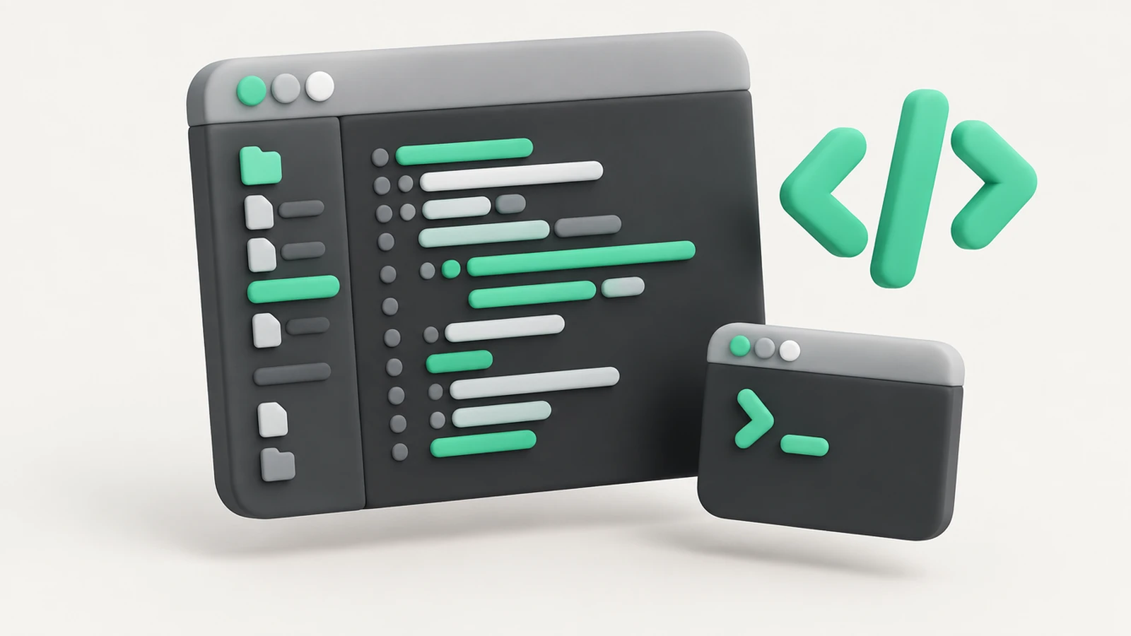 Illustration d'un éditeur de code et d'un terminal, avec le symbole des balises de code.
