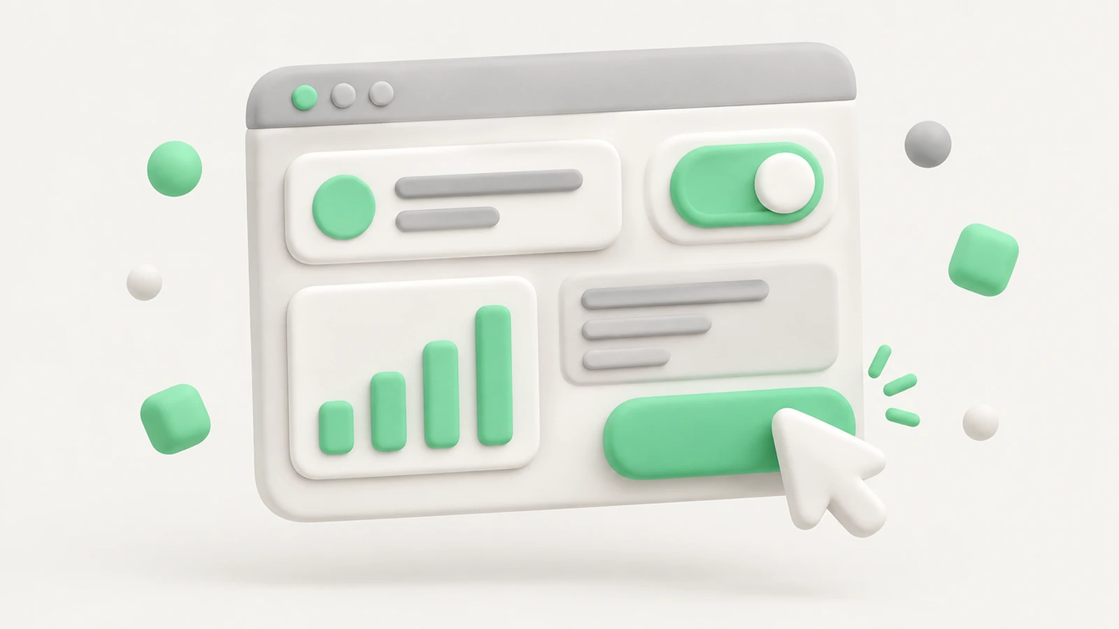 Illustration d'une interface d'application : cartes, interrupteur, graphique en barres et curseur sur un bouton.