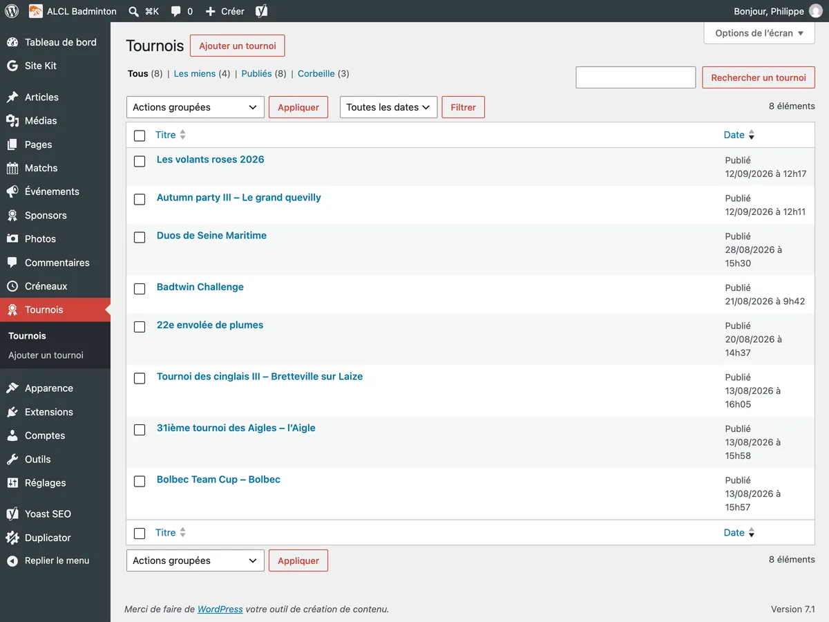 Administration WordPress du club : la liste des tournois, gérée comme un type de contenu dédié.