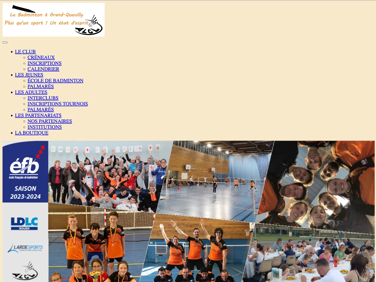 Ancien site de l'ALCL Badminton : un menu en liste de liens bruts et une mosaïque de photos du club.