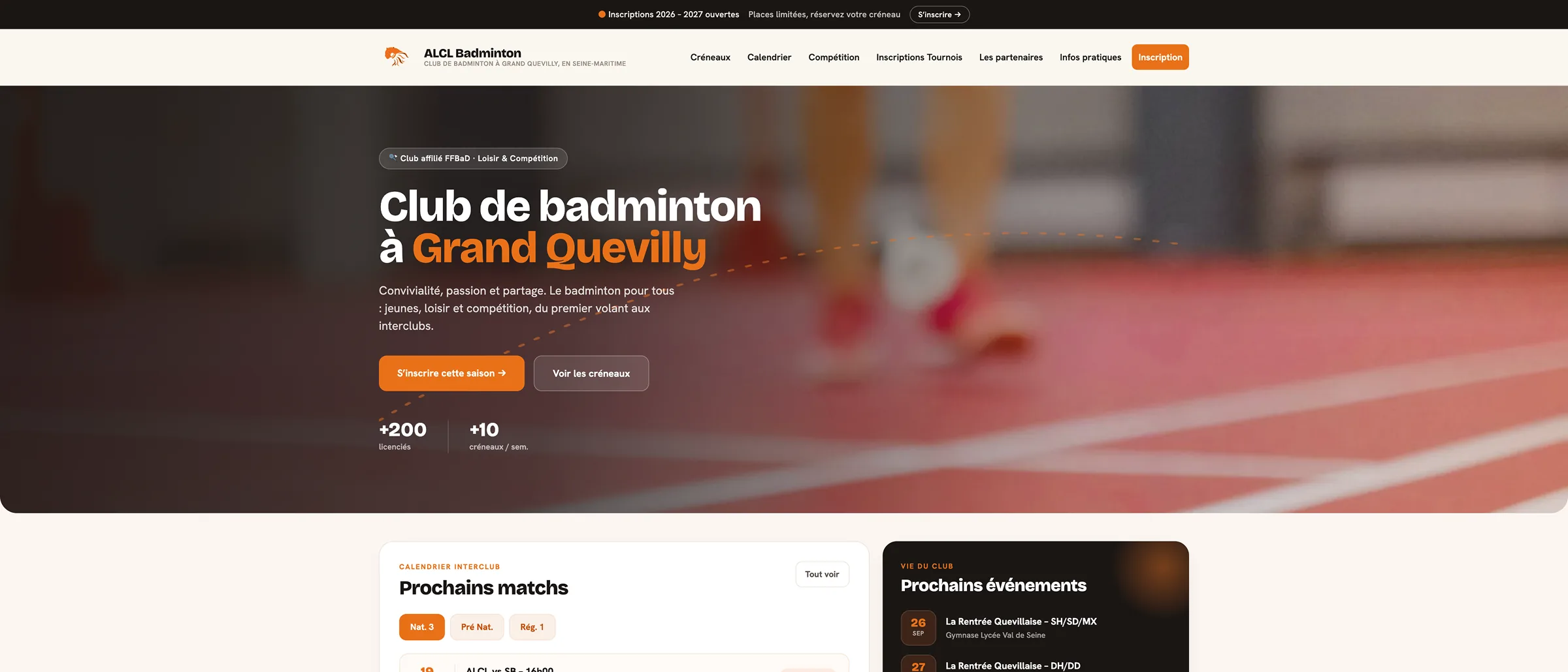 Page d'accueil du nouveau site de l'ALCL Badminton, « Club de badminton à Grand Quevilly », avec les prochains matchs et événements.