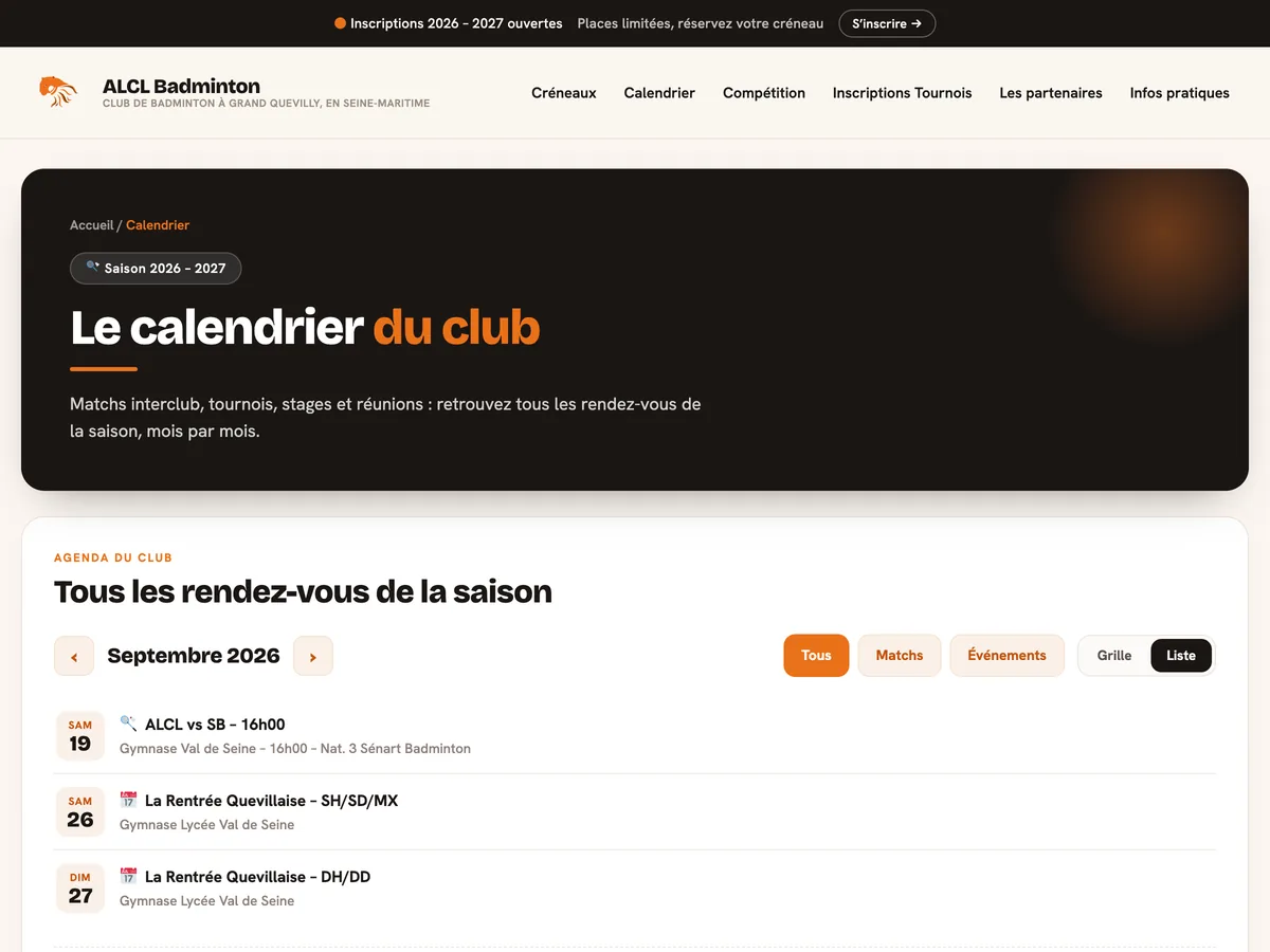 Page Calendrier du nouveau site : les rendez-vous de la saison, filtrables entre matchs et événements.