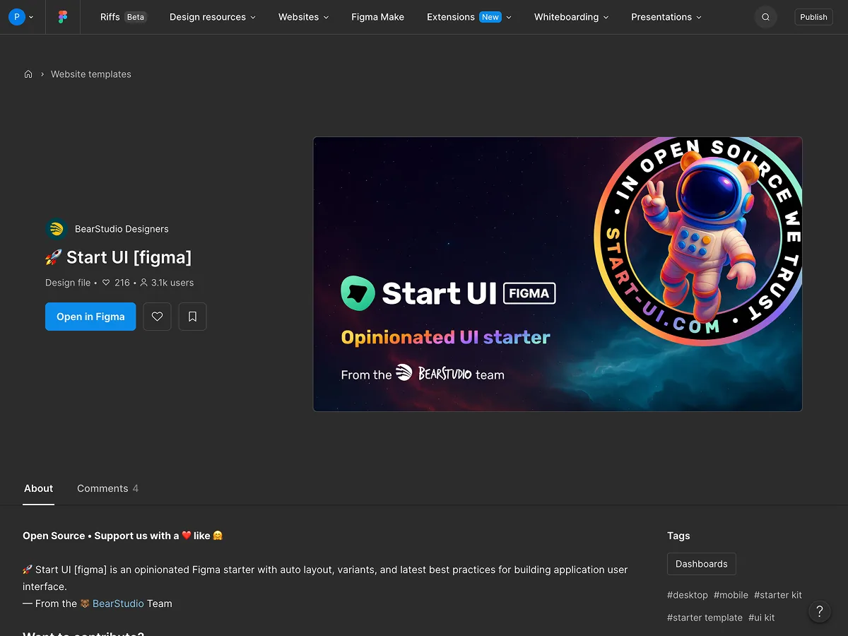 Page Figma Community de Start UI, le starter open source de Bearstudio.