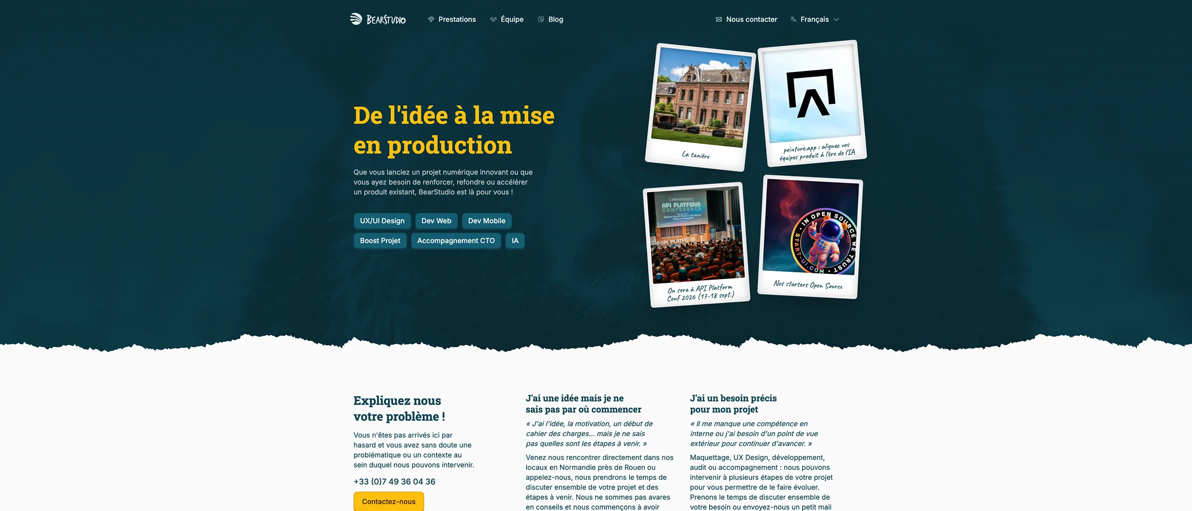 Page d'accueil du site Bearstudio, « De l'idée à la mise en production », avec ses prestations et des photos de l'agence.
