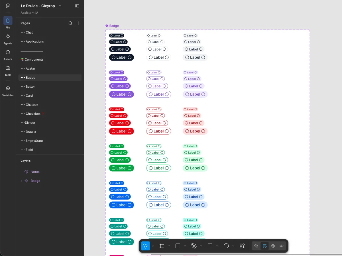 Design system de Cleyrop dans Figma : la page du composant Badge et ses variantes de couleur et de taille.