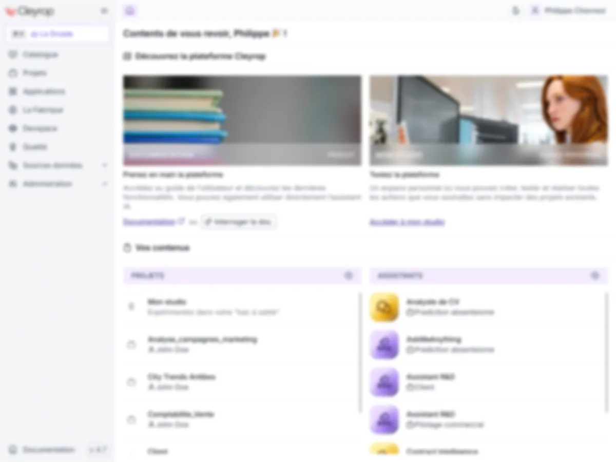 Page d'accueil de la plateforme Cleyrop, floutée : projets, assistants et accès rapides.
