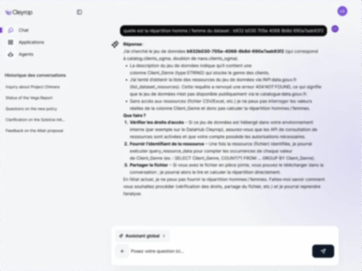 Assistant IA de la plateforme Cleyrop : une question sur un jeu de données et la réponse détaillée de l'agent.