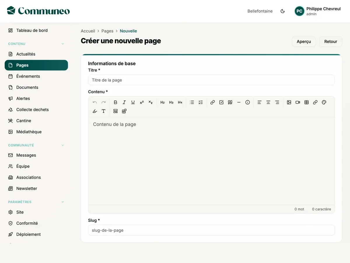 Back-office Communeo : création d'une nouvelle page avec l'éditeur de contenu, à côté du menu des modules (actualités, événements, alertes, collecte des déchets, cantine).