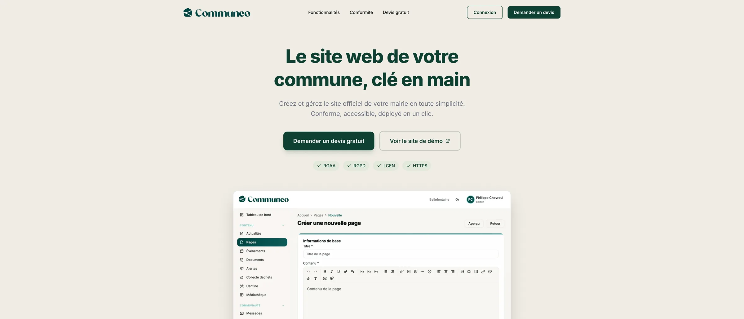 Page d'accueil de Communeo, « Le site web de votre commune, clé en main », avec les badges RGAA, RGPD, LCEN et HTTPS et un aperçu du back-office.