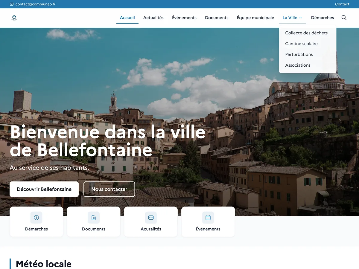 Site public de Bellefontaine, commune de démonstration créée avec Communeo, menu « La Ville » ouvert sur la collecte des déchets et la cantine scolaire.