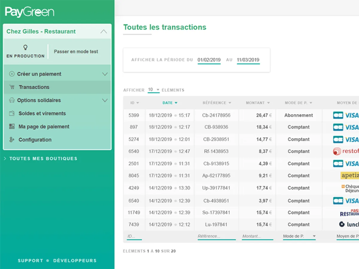 Ancien back-office PayGreen : la liste des transactions d'un restaurant, dans l'identité verte d'origine.