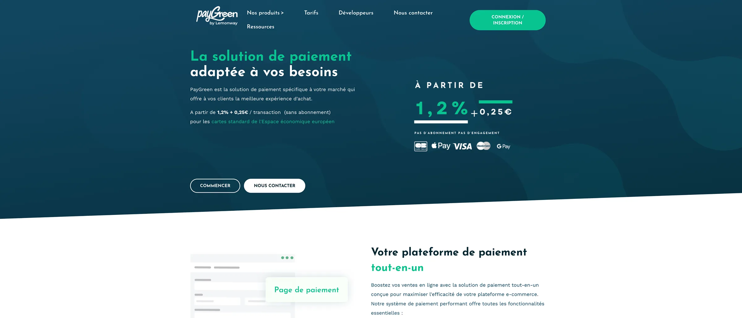 Page d'accueil du site PayGreen, « La solution de paiement adaptée à vos besoins », avec les tarifs et les moyens de paiement acceptés.