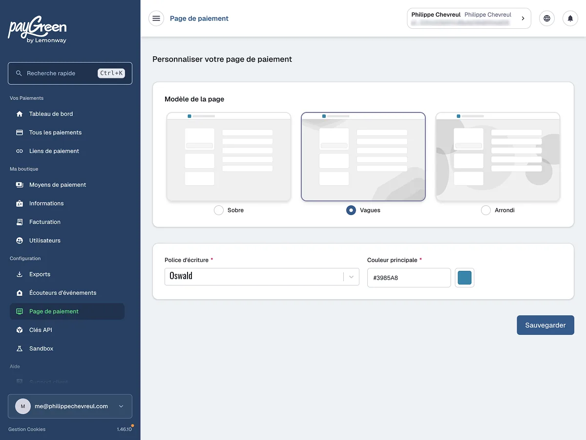 Nouveau back-office PayGreen : personnalisation de la page de paiement, avec le choix du modèle, de la police et de la couleur.