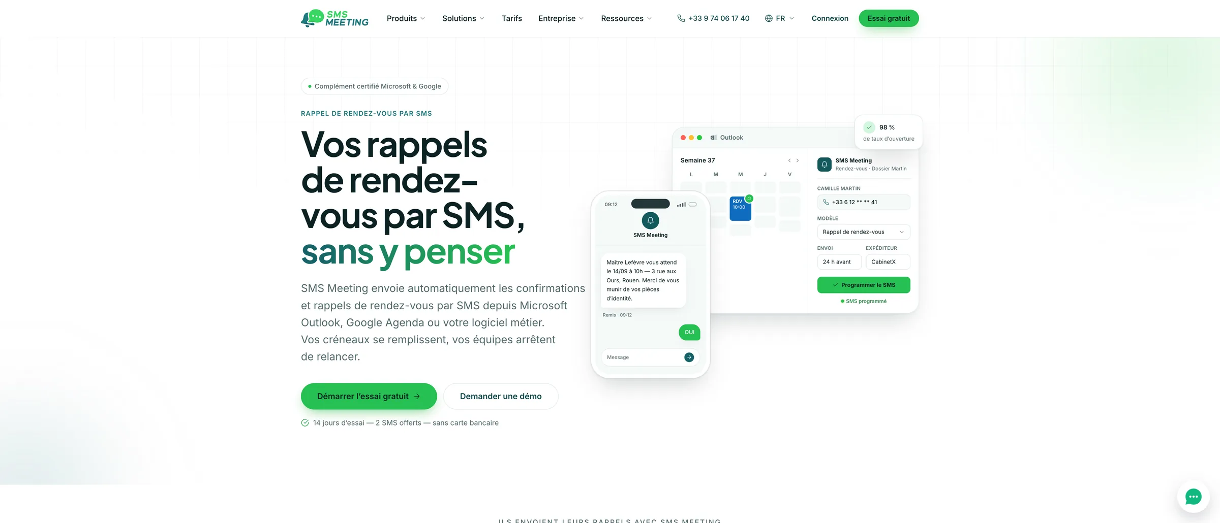 Page d'accueil du site SMS Meeting, « Vos rappels de rendez-vous par SMS, sans y penser », avec un aperçu du rappel sur mobile et dans Outlook.