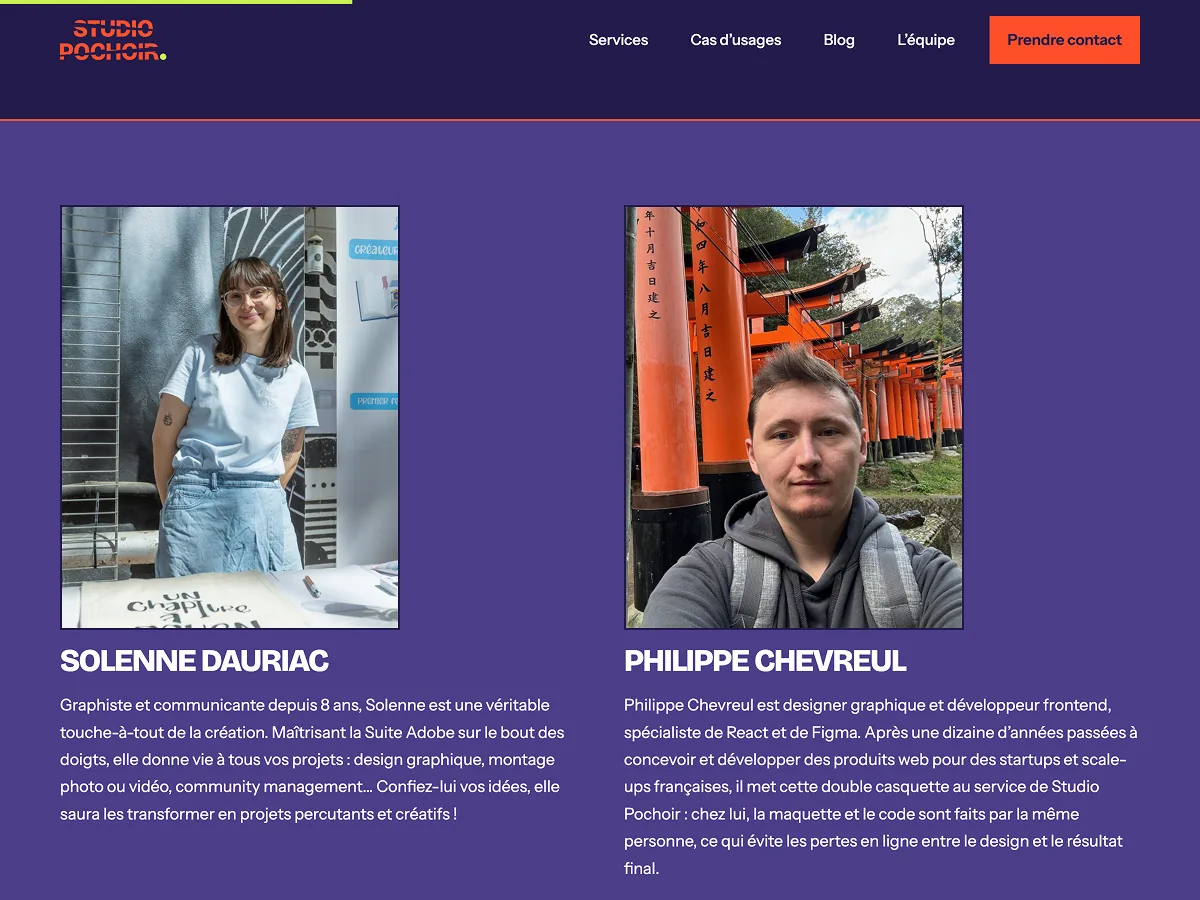Page équipe du site Studio Pochoir : les portraits de Solenne Dauriac et de Philippe Chevreul.