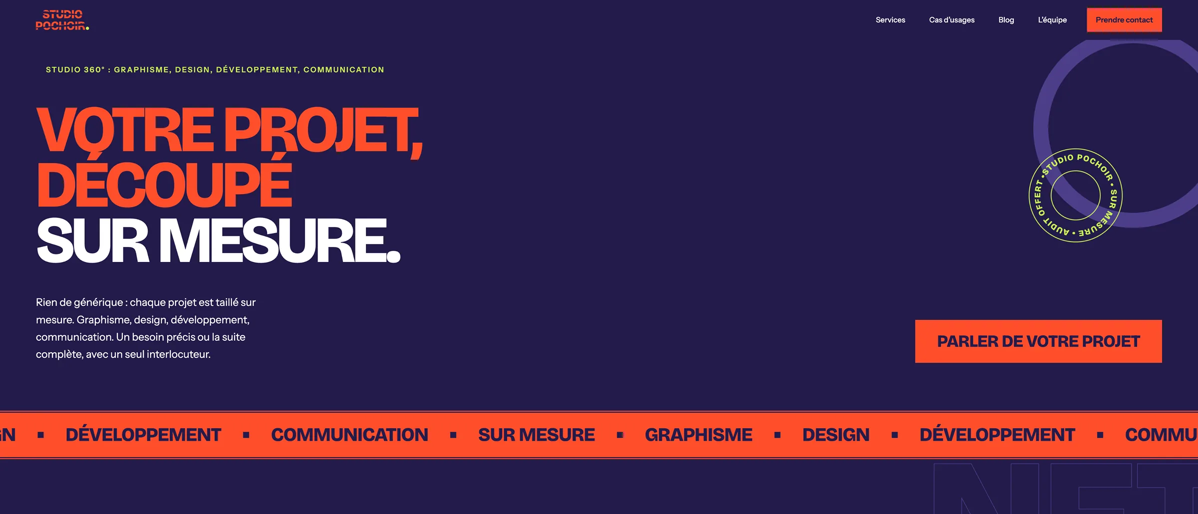 Page d'accueil du site Studio Pochoir, « Votre projet, découpé sur mesure. »