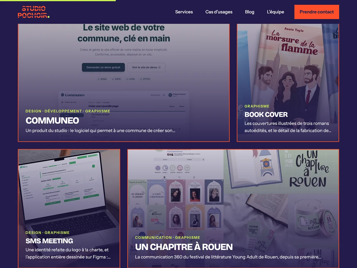 Cas d'usage de Studio Pochoir : Communeo, des couvertures de livres, SMS Meeting et Un Chapitre à Rouen.